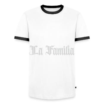 "Familia" the family, the only thing that counts - Men's Ringer Shirt - white/black - Front - AI Model Female 172 light (172cm) & AI Model Male 178 dark (178cm)