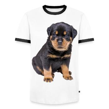 ROTTWEILER PUPPY PET GIFTS - Men's Ringer Shirt - white/black - Front - AI Model Female 172 light (172cm) & AI Model Male 178 dark (178cm)