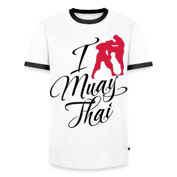 I Love Muay Thai - Men's Ringer Shirt - white/black - Front - AI Model Female 172 light (172cm) & AI Model Male 178 dark (178cm)