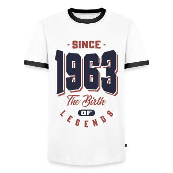 Born in 1963 Birthday - Men's Ringer Shirt - white/black - Front - AI Model Female 172 light (172cm) & AI Model Male 178 dark (178cm)