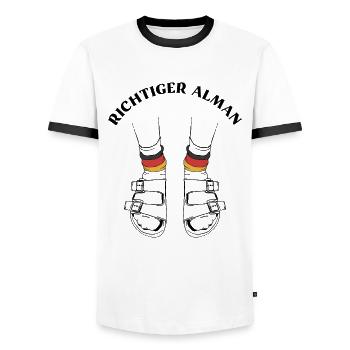 Richtiger Alman Sandalen weiße Socken - Männer Kontrast-T-Shirt - Weiß/Schwarz - Vorne - AI Model Female 172 light (172cm) & AI Model Male 178 dark (178cm)