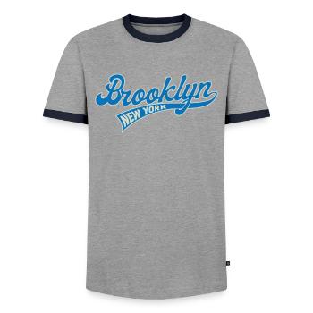Hometown, Brooklyn, New York, Baseball Script, - Men's Ringer Shirt - grey/navy  - Front - AI Model Female 172 light (172cm) & AI Model Male 178 light (178cm)