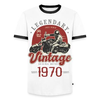 1970 Jubiläums-Motorrad-Biker-Oldtimer-Jahre - Männer Kontrast-T-Shirt - Weiß/Schwarz - Vorne - AI Model Female 172 light (172cm) & AI Model Male 178 dark (178cm)