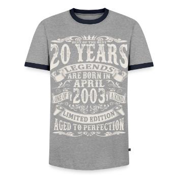 April 2003 - 20 years old - 20th birthday - Men's Ringer Shirt - grey/navy  - Front - AI Model Female 172 light (172cm) & AI Model Male 178 light (178cm)