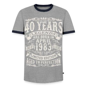 April 1983 - 40 years old - 40th birthday - Men's Ringer Shirt - grey/navy  - Front - AI Model Female 172 light (172cm) & AI Model Male 178 light (178cm)