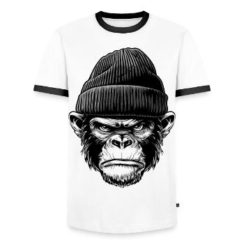 Angry Monkey in Beanie – Urban Street Art Graphic - Men's Ringer Shirt - white/black - Front - AI Model Female 172 light (172cm) & AI Model Male 178 dark (178cm)