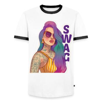 Swag girl with piercing and tattoo. - Men's Ringer Shirt - white/black - Front - AI Model Female 172 light (172cm) & AI Model Male 178 dark (178cm)