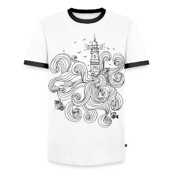 Phare avec des vagues sauvages - T-shirt contrasté Homme - blanc/noir - Devant - AI Model Female 172 light (172cm) & AI Model Male 178 dark (178cm)