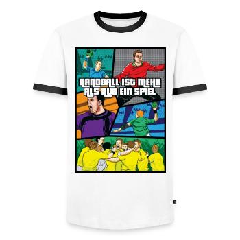 Handball Comic - Men's Ringer Shirt - white/black - Front - AI Model Female 172 light (172cm) & AI Model Male 178 dark (178cm)