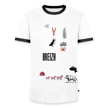 LES MOTS DE LA BRETAGNE - Breizh - BZH - 3 - T-shirt contrasté Homme - blanc/noir - Devant - AI Model Female 172 light (172cm) & AI Model Male 178 dark (178cm)