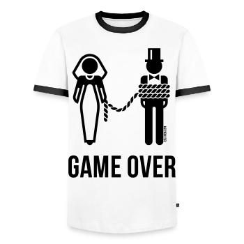Game Over En laisse ! (mariage du marié JGA) - T-shirt contrasté Homme - blanc/noir - Devant - AI Model Female 172 light (172cm) & AI Model Male 178 dark (178cm)