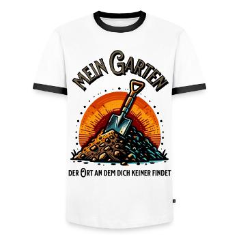 Mein Garten - lustiger Spruch - Gartenhumor - Ort - Männer Kontrast-T-Shirt - Weiß/Schwarz - Vorne - AI Model Female 172 light (172cm) & AI Model Male 178 dark (178cm)