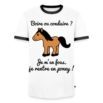 boire ou conduire poney, humour,citation,alcool - T-shirt contrasté Homme - blanc/noir - Devant - AI Model Female 172 light (172cm) & AI Model Male 178 dark (178cm)