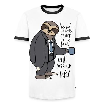 Irgendwas ist hier faul Faultier lustige Sprüche - Männer Kontrast-T-Shirt - Weiß/Schwarz - Vorne - AI Model Female 172 light (172cm) & AI Model Male 178 dark (178cm)