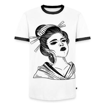 Schädel Skull Horror Japan Halloween Geisha - Men's Ringer Shirt - white/black - Front - AI Model Female 172 light (172cm) & AI Model Male 178 dark (178cm)