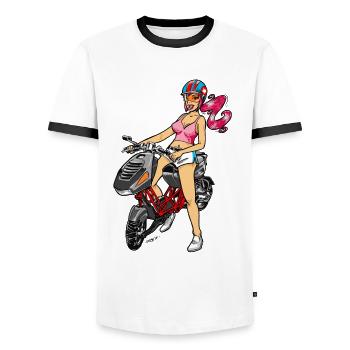 Italjet Dragster - Männer Kontrast-T-Shirt - Weiß/Schwarz - Vorne - AI Model Female 172 light (172cm) & AI Model Male 178 dark (178cm)