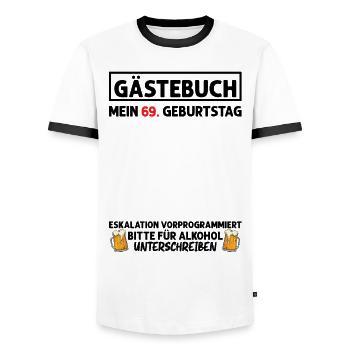 Gästebuch 69. Geburtstag Mann Frau 69 Jahre - Männer Kontrast-T-Shirt - Weiß/Schwarz - Vorne - AI Model Female 172 light (172cm) & AI Model Male 178 dark (178cm)