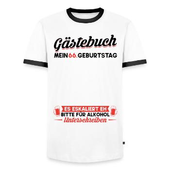 Gästebuch 66. Geburtstag Mann Frau 66 Jahre - Männer Kontrast-T-Shirt - Weiß/Schwarz - Vorne - AI Model Female 172 light (172cm) & AI Model Male 178 dark (178cm)
