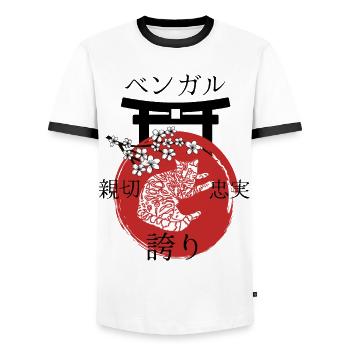 Bengal Cat Japan Kanji Style pour les amoureux des chats - T-shirt contrasté Homme - blanc/noir - Devant - AI Model Female 172 light (172cm) & AI Model Male 178 dark (178cm)