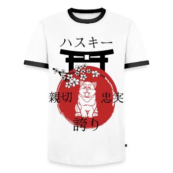 Husky Japan Kanji Style Husky and Dog Lovers - Men's Ringer Shirt - white/black - Front - AI Model Female 172 light (172cm) & AI Model Male 178 dark (178cm)