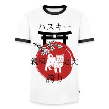 Husky Japan Kanji Style Husky and Dog Lovers - Men's Ringer Shirt - white/black - Front - AI Model Female 172 light (172cm) & AI Model Male 178 dark (178cm)
