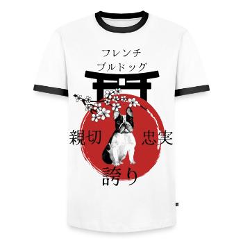 French Bulldog Japan Kanji Style - Men's Ringer Shirt - white/black - Front - AI Model Female 172 light (172cm) & AI Model Male 178 dark (178cm)