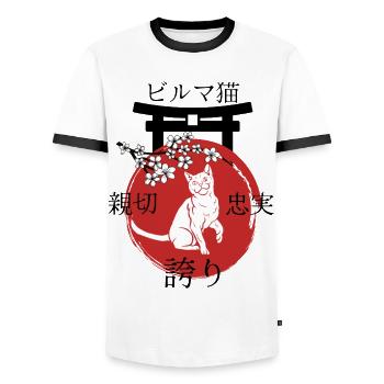 Burma Cat Japan Kanji Style - Men's Ringer Shirt - white/black - Front - AI Model Female 172 light (172cm) & AI Model Male 178 dark (178cm)