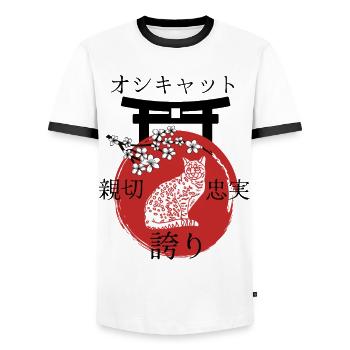 Ocicat Cat Japon Kanji Style - T-shirt contrasté Homme - blanc/noir - Devant - AI Model Female 172 light (172cm) & AI Model Male 178 dark (178cm)