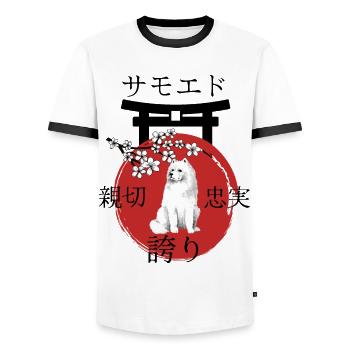 Samoyed Japan Kanji Style Dog Lovers - Men's Ringer Shirt - white/black - Front - AI Model Female 172 light (172cm) & AI Model Male 178 dark (178cm)
