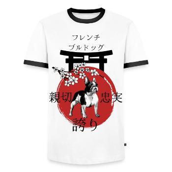 French Bulldog Japan Kanji Style - Men's Ringer Shirt - white/black - Front - AI Model Female 172 light (172cm) & AI Model Male 178 dark (178cm)