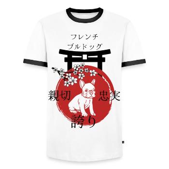 French Bulldog Japan Kanji Style - Men's Ringer Shirt - white/black - Front - AI Model Female 172 light (172cm) & AI Model Male 178 dark (178cm)