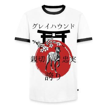 Greyhound Japan Kanji Style Dog Lovers - Men's Ringer Shirt - white/black - Front - AI Model Female 172 light (172cm) & AI Model Male 178 dark (178cm)