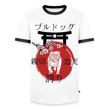 Bulldog Japan Kanji Style Dog Lovers - Men's Ringer Shirt - white/black - Front - AI Model Female 172 light (172cm) & AI Model Male 178 dark (178cm)