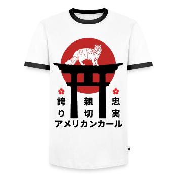 American Curl Japan Kanji Style Cat Lovers - Men's Ringer Shirt - white/black - Front - AI Model Female 172 light (172cm) & AI Model Male 178 dark (178cm)