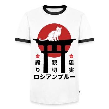 Chat bleu russe Japon Kanji Style - T-shirt contrasté Homme - blanc/noir - Devant - AI Model Female 172 light (172cm) & AI Model Male 178 dark (178cm)