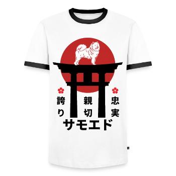 Samoyed Japan Kanji Style Dog Lovers - Men's Ringer Shirt - white/black - Front - AI Model Female 172 light (172cm) & AI Model Male 178 dark (178cm)