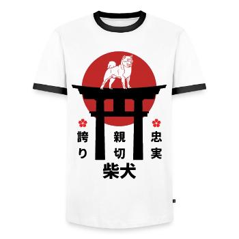 Shiba Inu Japon Kanji Style pour les amoureux des chiens - T-shirt contrasté Homme - blanc/noir - Devant - AI Model Female 172 light (172cm) & AI Model Male 178 dark (178cm)