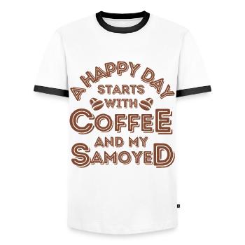 Samoyed Coffee Dog Cafe - Men's Ringer Shirt - white/black - Front - AI Model Female 172 light (172cm) & AI Model Male 178 dark (178cm)