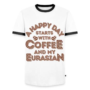 Eurasier Coffee Dog Cafe - Men's Ringer Shirt - white/black - Front - AI Model Female 172 light (172cm) & AI Model Male 178 dark (178cm)
