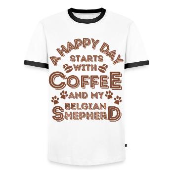 Belgian Shepherd Coffee Dog Cafe - Men's Ringer Shirt - white/black - Front - AI Model Female 172 light (172cm) & AI Model Male 178 dark (178cm)