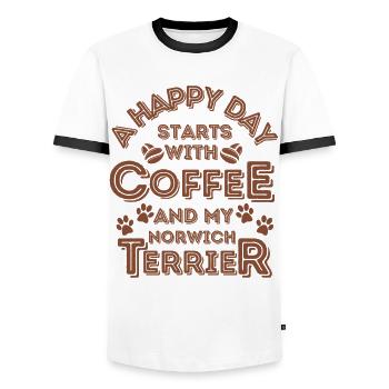 Norwich Terrier Coffee Dog Cafe - Men's Ringer Shirt - white/black - Front - AI Model Female 172 light (172cm) & AI Model Male 178 dark (178cm)