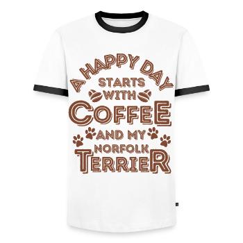 Norfolk Terrier Coffee Dog Cafe - Men's Ringer Shirt - white/black - Front - AI Model Female 172 light (172cm) & AI Model Male 178 dark (178cm)