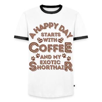 Café exotique pour chat à poil court - T-shirt contrasté Homme - blanc/noir - Devant - AI Model Female 172 light (172cm) & AI Model Male 178 dark (178cm)