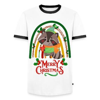 Christmas Raccoon wishes Merry Christmas - Men's Ringer Shirt - white/black - Front - AI Model Female 172 light (172cm) & AI Model Male 178 dark (178cm)