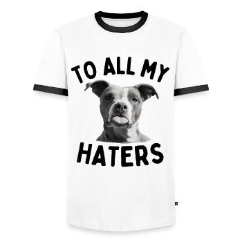 Funny dog saying To all my haters tongue dog - Men's Ringer Shirt - white/black - Front - AI Model Female 172 light (172cm) & AI Model Male 178 dark (178cm)