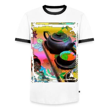Japan Tea Ceremony Collage Art 99 - Men's Ringer Shirt - white/black - Front - AI Model Female 172 light (172cm) & AI Model Male 178 dark (178cm)