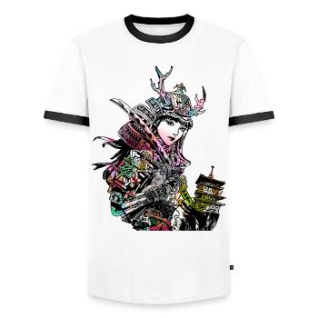 Japanese Geisha Sword Samurai Warrior 113 - Men's Ringer Shirt - white/black - Front - AI Model Female 172 light (172cm) & AI Model Male 178 dark (178cm)
