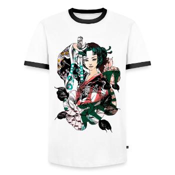 Japanese Geisha Sword Samurai Warrior 114 - Men's Ringer Shirt - white/black - Front - AI Model Female 172 light (172cm) & AI Model Male 178 dark (178cm)