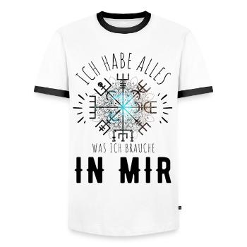 Wegweiser RUNEN Motivation - VEGVISIR - Männer Kontrast-T-Shirt - Weiß/Schwarz - Vorne - AI Model Female 172 light (172cm) & AI Model Male 178 dark (178cm)