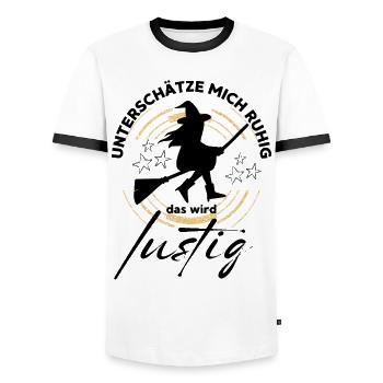 HEXE Unterschätze mich ruhig, das wird lustig - Männer Kontrast-T-Shirt - Weiß/Schwarz - Vorne - AI Model Female 172 light (172cm) & AI Model Male 178 dark (178cm)